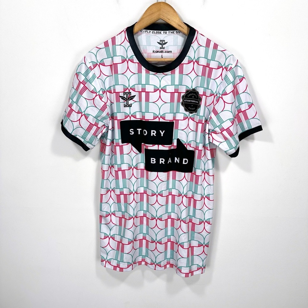 Story Brand Soccer Jersey Mens Large White Red Teal Graphic Don Miller Icarus FC